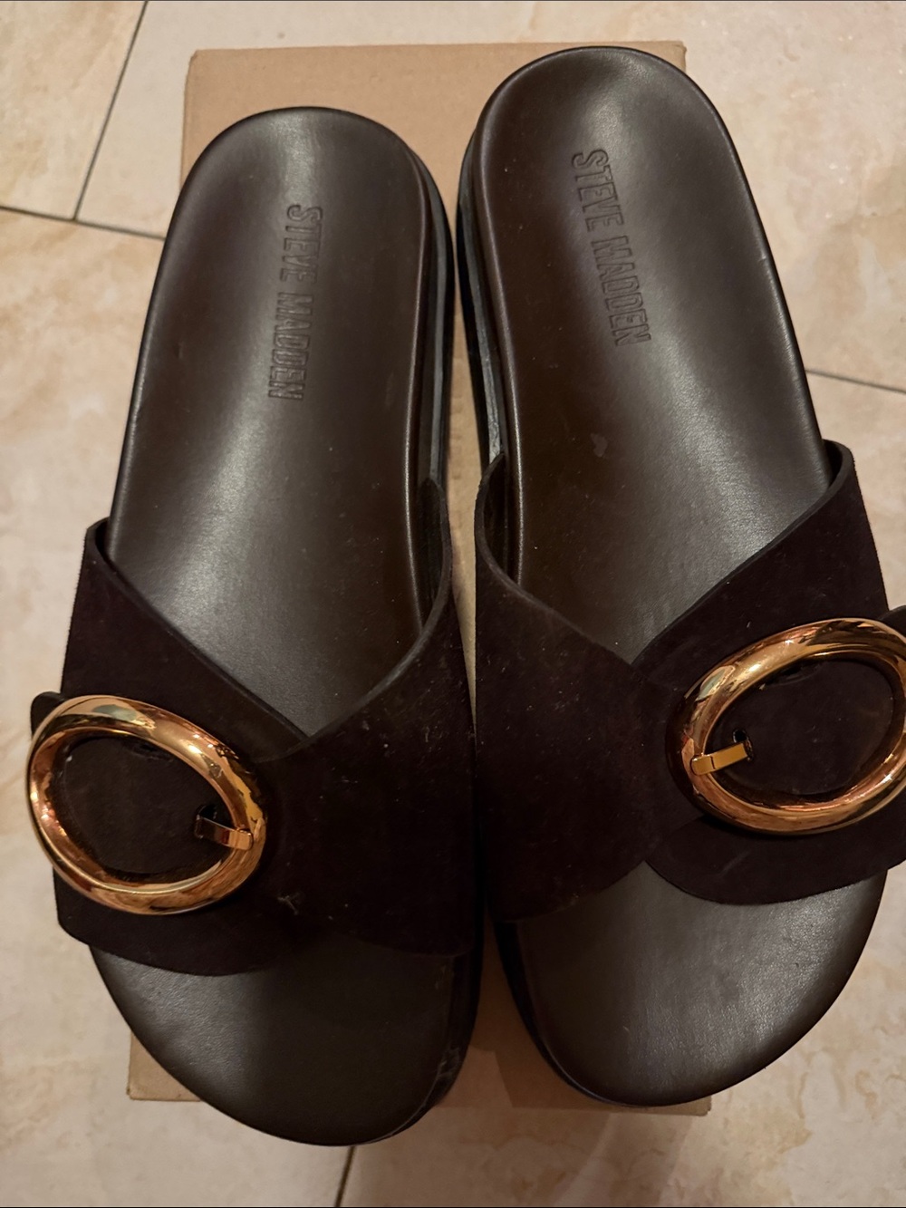 Steve Madden Brown Suede Slide Sandals with Gold Buckle - Picture 2 of 6